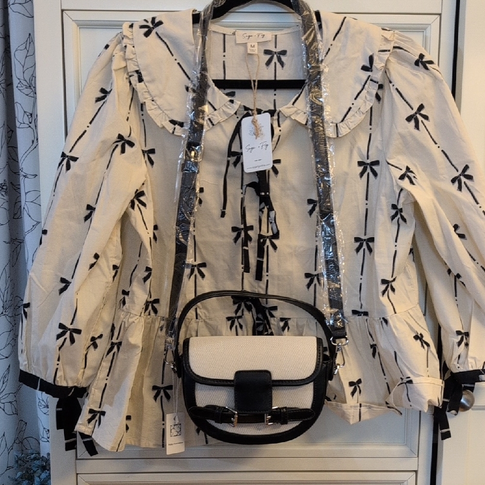 Sage & Fig Bow Print Peplum Blouse in Cream & Black With Crossbody